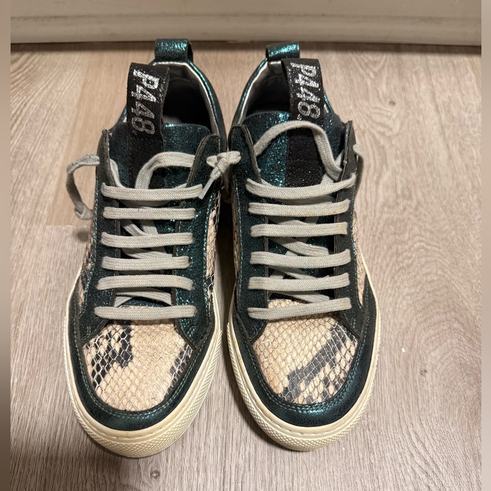 P448 metallic Green and Beige Sneakers with Snake Print